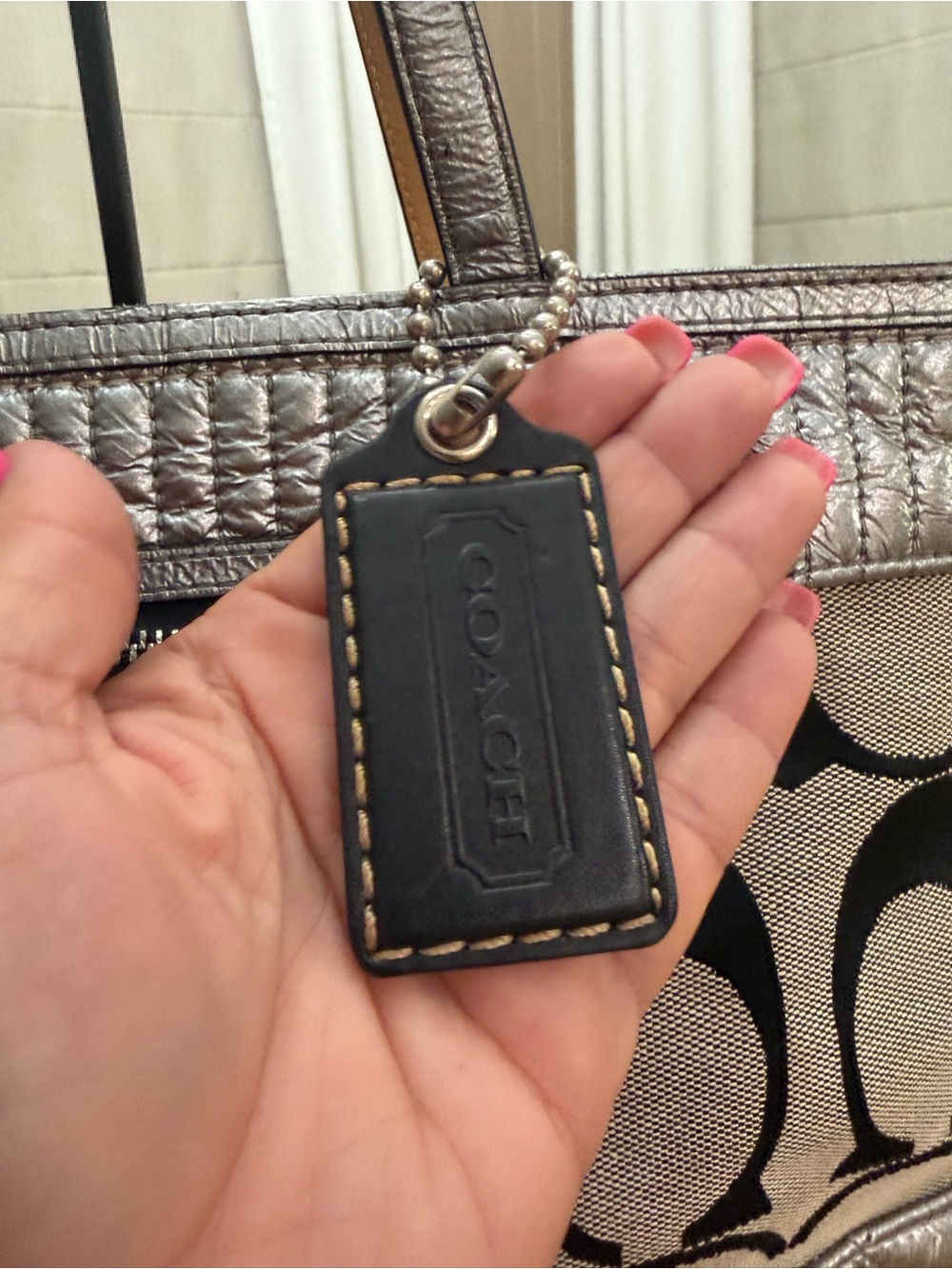 COACH Poppy Metallic Silver Quilted Leather and Black C Logo Canvas - Picture 5 of 14